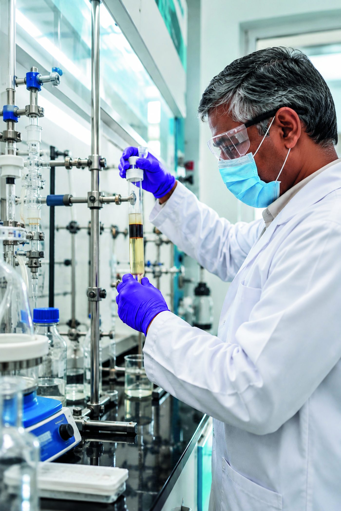 Process chemist at a fume hood in the NuSynth lab